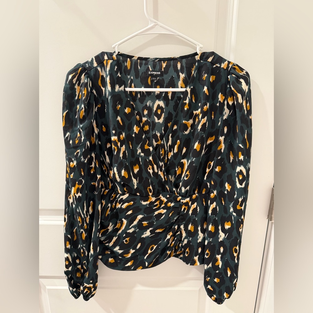 Express Women's Blouse with Animal Print - Green and Gold